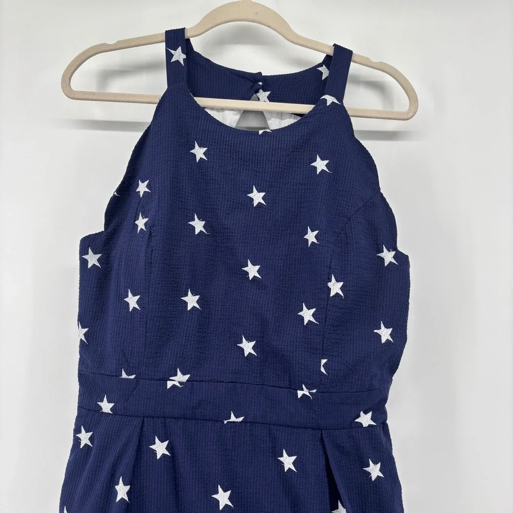 Lauren‎ James Navy Blue Seersucker Star Embroidered Scalloped Mini Dress Halter